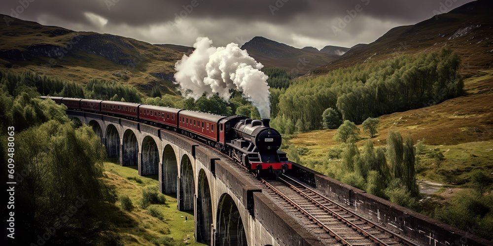 Obraz premium AI Generated. AI Generative. Vintage retro express train railway go in beautiful landscape on bridge. Graphic Art