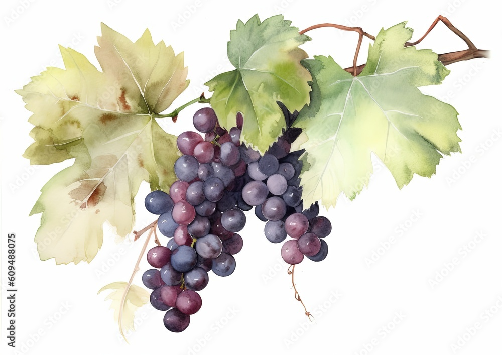 Fototapeta premium Watercolor illustration of Cabernet Grapes on the vine on a white isolated background