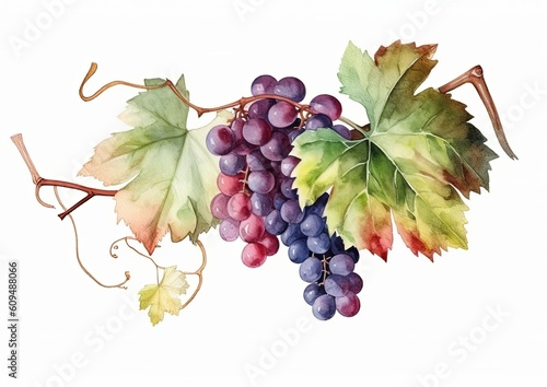 Watercolor illustration of Cabernet Grapes on the vine on a white isolated background