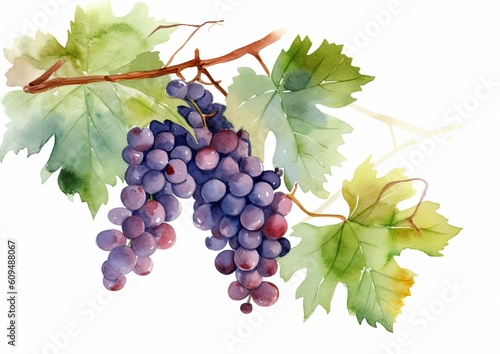 Watercolor illustration of Cabernet Grapes on the vine on a white isolated background