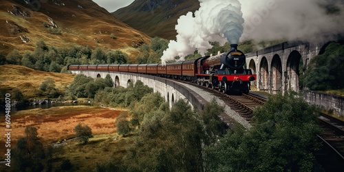 AI Generated. AI Generative. Vintage retro express train railway go in beautiful landscape on bridge. Graphic Art