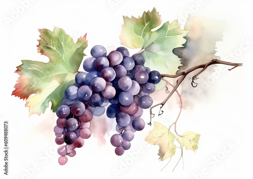 Watercolor illustration of Cabernet Grapes on the vine on a white isolated background