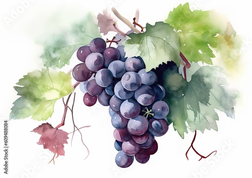Watercolor illustration of Cabernet Grapes on the vine on a white isolated background