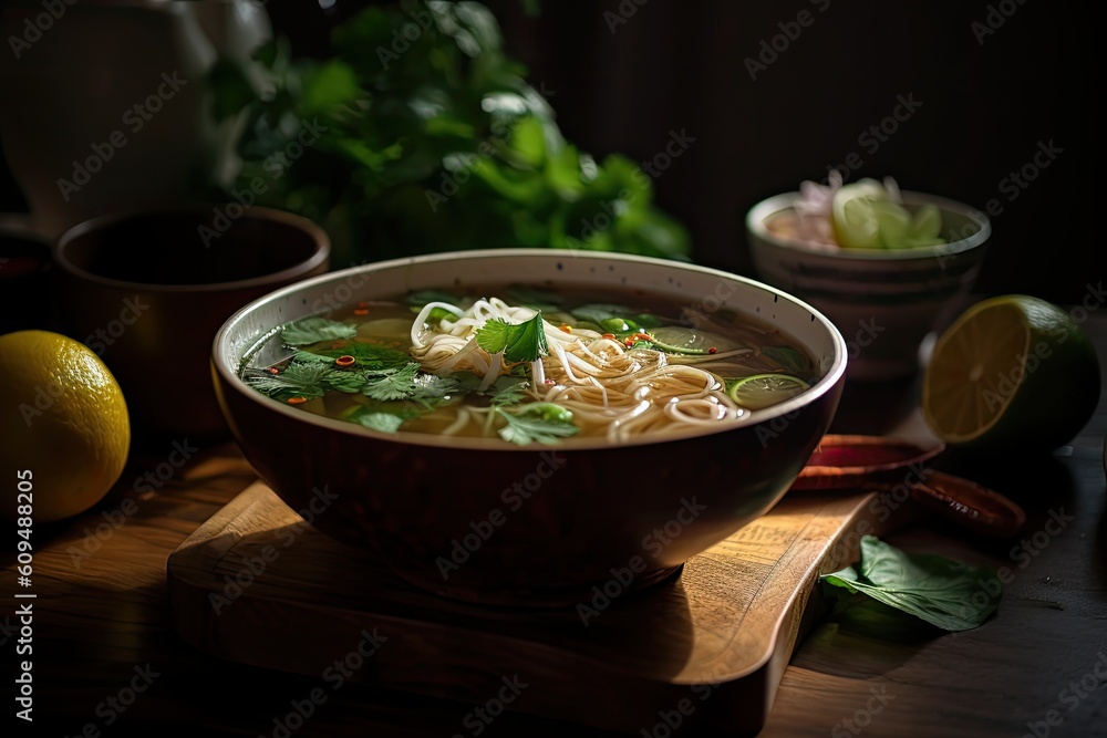 Pho Bo Soup, Traditional Vietnamese Meat Broth with Noodle, Abstract Generative AI Illustration