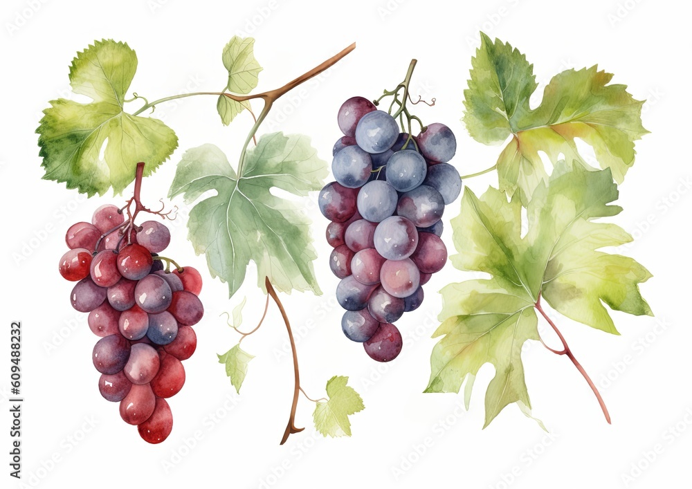 Fototapeta premium Watercolor illustration of several varieties of wine grapes on vines with leaves on a white isolated background