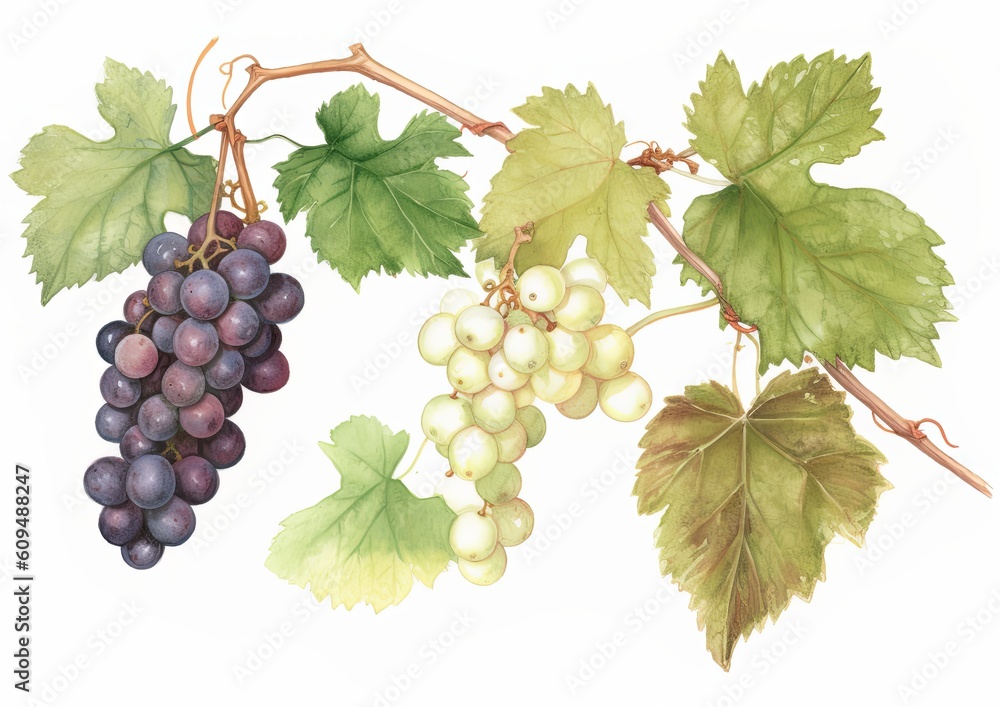 Fototapeta premium Watercolor illustration of red and white wine grapes on vines with leaves on a white isolated background