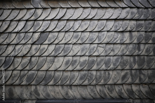 Black tiles on the wall closeup image, cover of half-timbered fachwerk house closeup typical german building