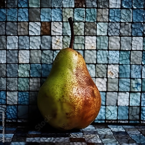 large single pear in front of blue tiled surface wall