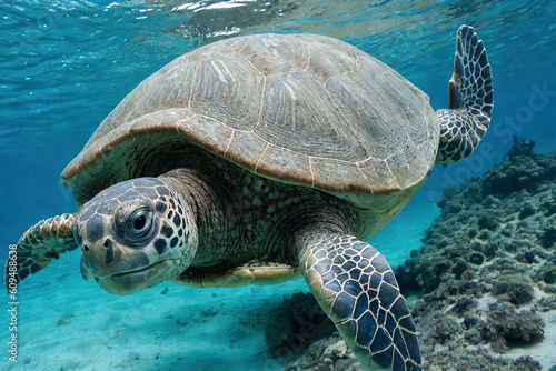 underwater closeup of swimming turtle in crystal clear blue water looking at viewer
