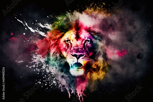 Lion, the head of a lion in a multi-colored flame. Abstract multicolored profile portrait of a lion head © Ygor