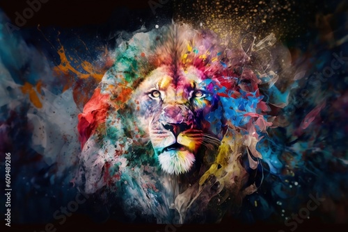 Lion, the head of a lion in a multi-colored flame. Abstract multicolored profile portrait of a lion head © Ygor