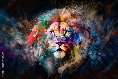 Lion  the head of a lion in a multi-colored flame. Abstract multicolored profile portrait of a lion head