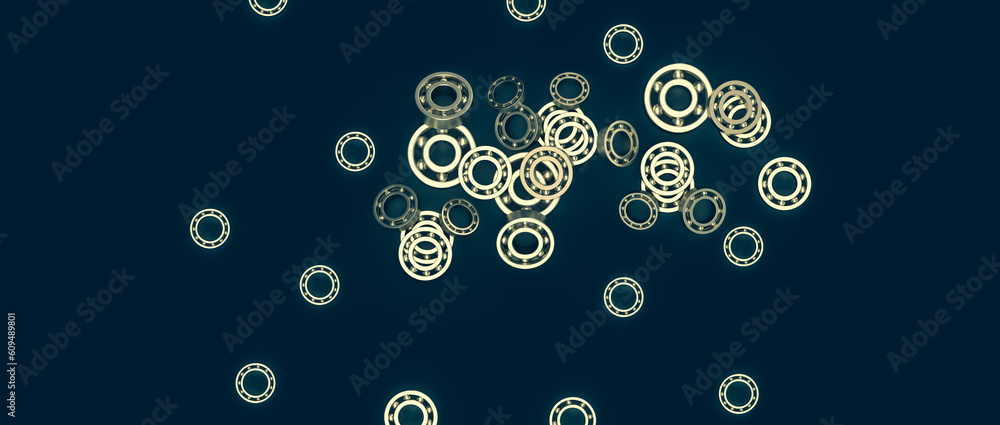 3d render illustration of a pattern of gold bearings. Illustration on the topic of mechanisms, mechanics, technologies, production, industry. Dark background