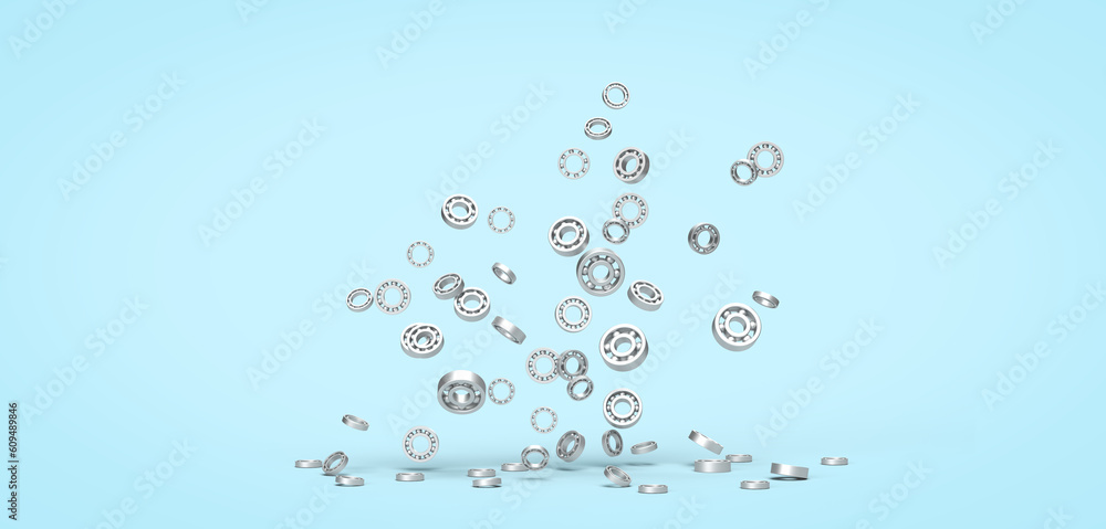 3d render illustration of a pattern of metal gray bearings. Illustration on the topic of mechanisms, mechanics, technologies, production, industry. Blue background. 3d render illustration of a pattern of metal gray bearings. Illustration on the topic of mechanisms, mechanics, technologies, production, industry. Blue background.