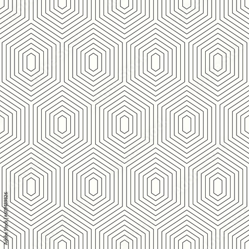 Repeated black figures on white background. Seamless surface pattern design with hexagons and diamonds. Honeycomb motif. Repeated polygons tessellation background. Ethnic wallpaper. Digital paper art.