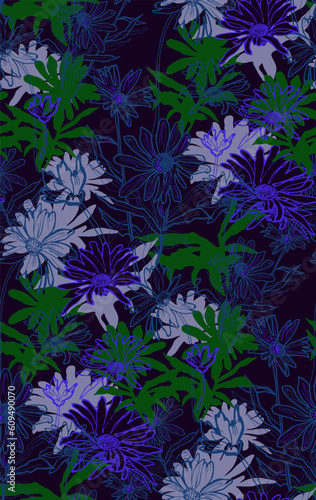 Summer night vector seamless pattern with outline wild daisy drawn by hand. Floral endless design in freehand style for textile  fabric  wallpaper  home decor  bedding  package.
