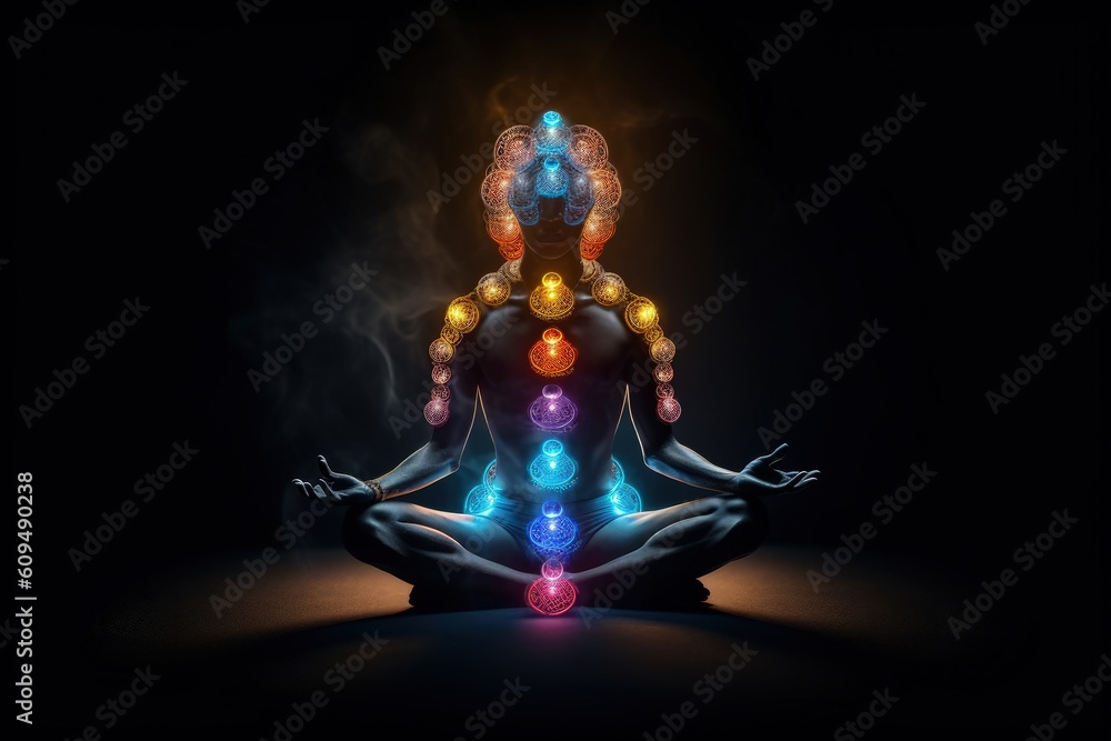 Human chakra, buddhism, meditating. Refers to energy points in your body. Chakra therapies, yoga, healing. Disks, of spinning energy to certain nerve bundles and major organs. Generative AI Human chakra, buddhism, meditating. Refers to energy points in your body. Chakra therapies, yoga, healing. Disks, of spinning energy to certain nerve bundles and major organs. Generative AI
