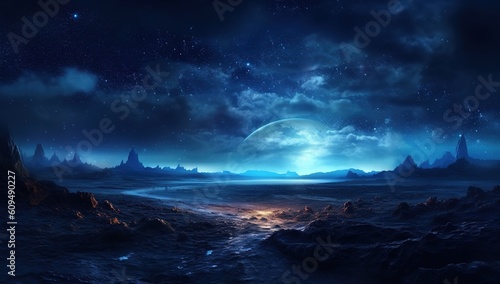 fabulous lake view at night, nebula