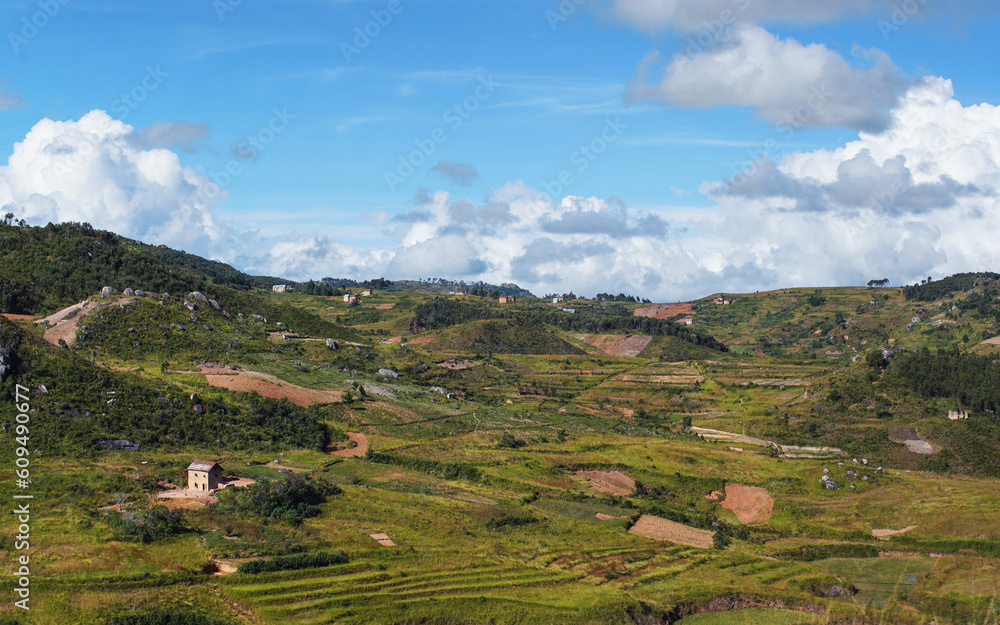 Typical Madagascar landscape - green and yellow rice terrace fields on small hills with clay houses in region near Vohiposa