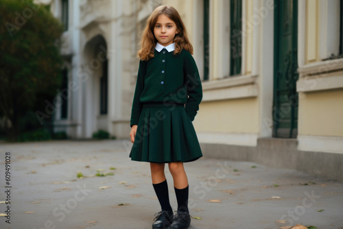 Dark Green Outfit on a Playful Child. Generative AI © Andrii 