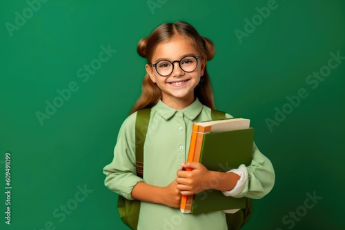 Smiling active excellent best student schoolgirl holding books and copybooks going to school wearing glasses and bag isolated in green background. Generative AI
