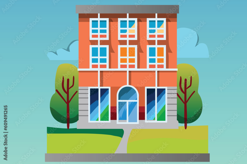 School with a green lawn. Icon. Flat vector illustration isolated on Any color of the background, School building in flat style. Modern school, college building. Vector illustration
