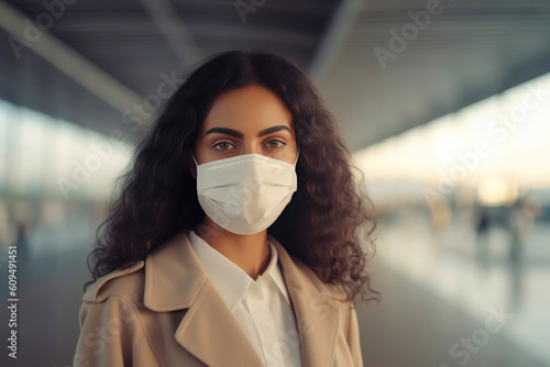 Airport Traveler Prioritizing Health with a Face Mask. Generative AI