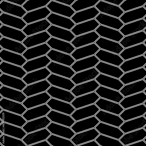 Herringbone motif. White zigzag weaving lines. Jagged stripes. Seamless surface pattern design with hexagons blocks ornament. Mosaic parquet wallpaper. Digital paper, page fills, print.