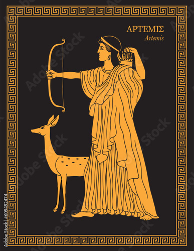Vector illustration of Artemis, Greek goddess of the hunt, the wilderness, wild animals, nature, vegetation, childbirth, care of children, and chastity