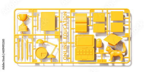 Minimal background for E-learning concept. Yellow plastic model assembly kit of online education object on white background. 3d rendering illustration. Object isolate clipping path included.