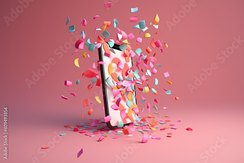 Smartphone advertising banner with colourful confetti on pink background, created with Generative AI