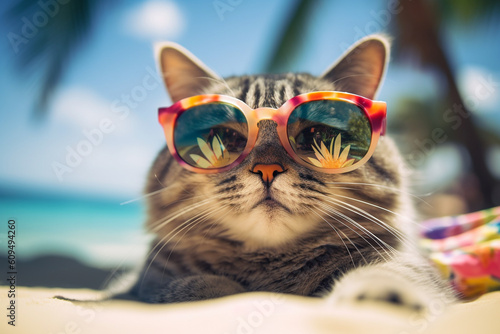 Cool cat with sunglasses relaxing on the tropical sandy beach with a cocktail. High quality photo Generative AI