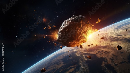 The asteroid flies at high speed near the earth s orbit. A meteorite is approaching Earth. fire is caused by passage through the upper atmosphere. Generative AI 