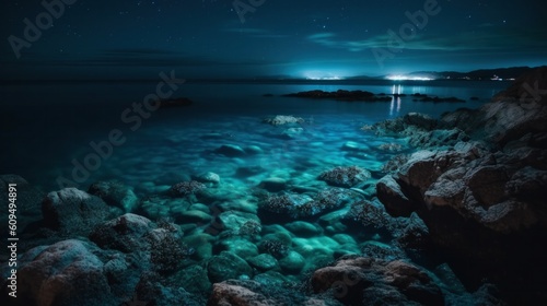 Photo of the blue sea at night, fabulous neon glow from under the water. Generative AI © Margo_Alexa