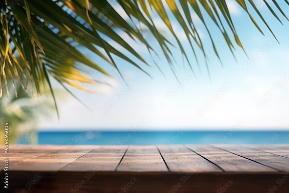 Out-of-focus beach background with palm trees with table, IA generativa Out-of-focus beach background with palm trees with table, IA generativa