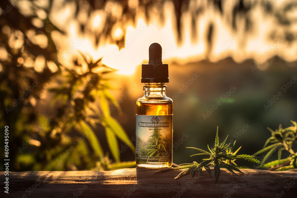 Medical CBD Hemp oil, THC, bootles and leaf. High quality photo Generative AI Medical CBD Hemp oil, THC, bootles and leaf. High quality photo Generative AI
