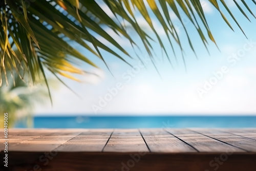 Out-of-focus beach background with palm trees with table, IA generativa