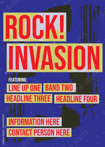 rock invasion festival or fest, gig or gigs poster, brochure or pamphlet, for band or event, punk, metal, pop loud music, rock and roll