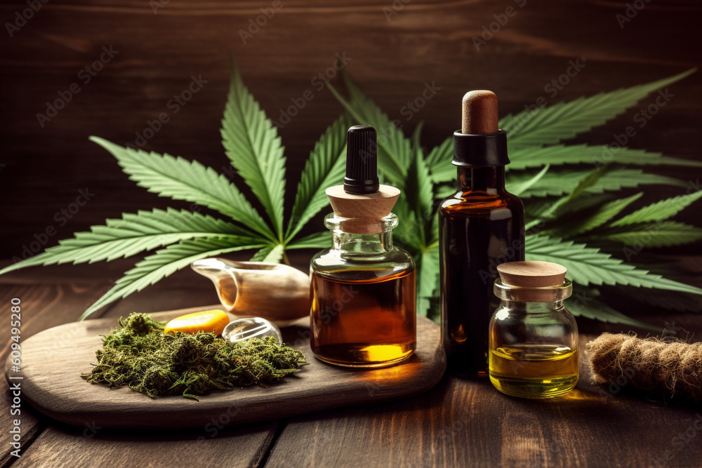 Medical CBD Hemp oil, THC, bootles and leaf. High quality photo Generative AI Medical CBD Hemp oil, THC, bootles and leaf. High quality photo Generative AI