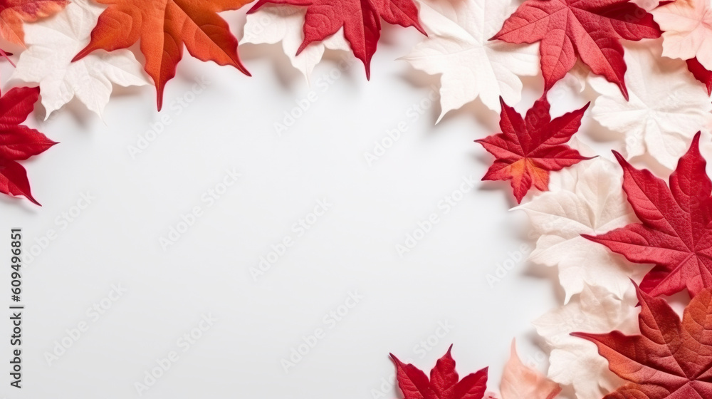 A white background with red and orange leaves. Generative AI. A white background with red and orange leaves. Generative AI.