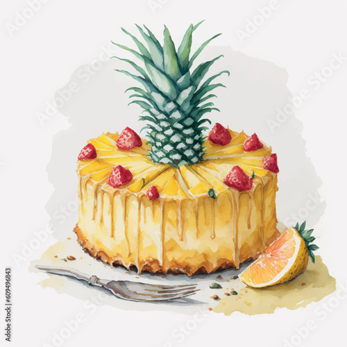 pineapple cake watercolor on white background