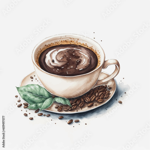 elegant watercolor cup of coffee with coffee beans on white background