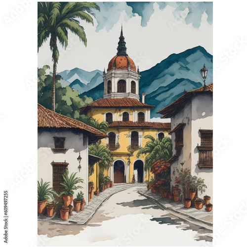 Elegant detailed vintage watercolor painting of Colombia in vibrant high contrast tones