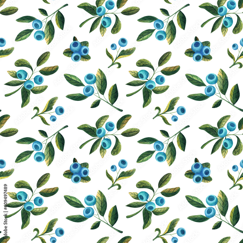 Seamless watercolor pattern with blueberry and leaves on white background Seamless watercolor pattern with blueberry and leaves on white background