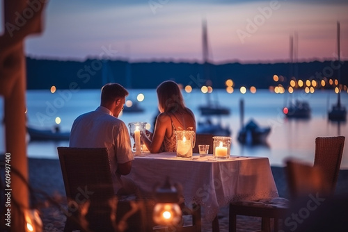 A couple enjoying a romantic dinner at a seaside restaurant, vacation, bokeh Generative AI