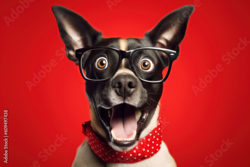 Surprised dog in glasses over red background, studio portrait. AI generative