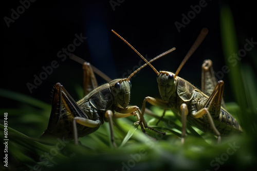 Crickets or grasshopers at night during a summer evening. Sharp focus, Generative AI photo