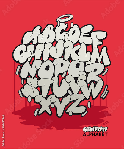 Graffiti alphabet. Comic style hand drawn lettering. Street art design.