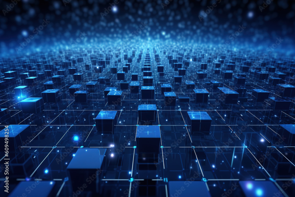 Obraz premium Cube technology on Converging point of circuit with Abstract blue background. Blockchain Network System, Cloud data, Internet Security, and Digital Technology. Generative AI.