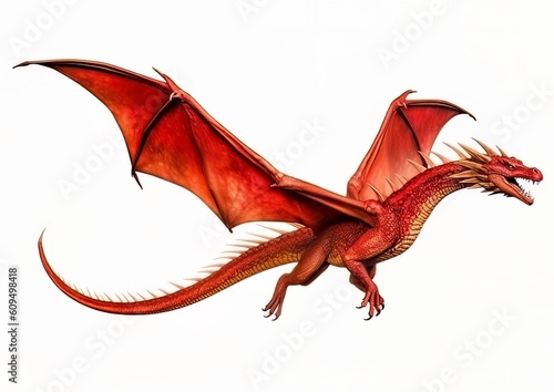 A red dragon in a flying pose on a white isolated background